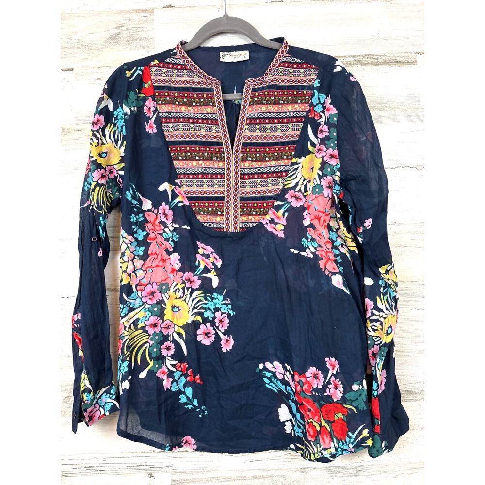 Magazine Womens L Navy Blue Floral Embroidered Cotton Blouse Boho Chic